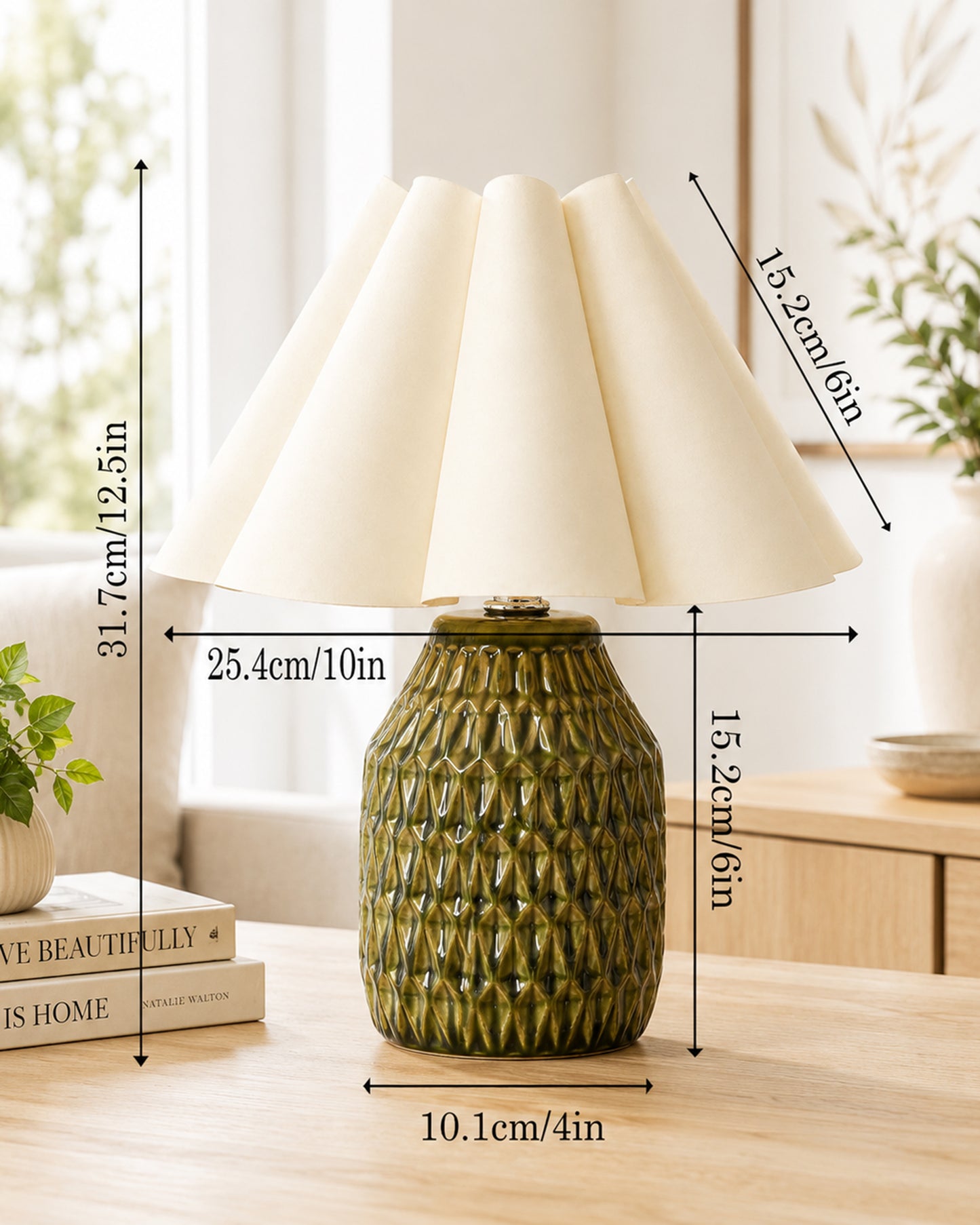 Homesake® Artisan Textured Ceramic Table Lamp with Fabric Shade, Green Glossy Glazed Bedside Lamp, E27 Decorative Table Light for Bedroom, Living Room, Study, Home & Office