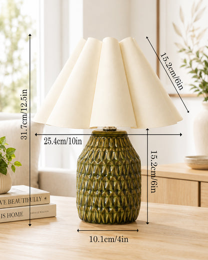 Homesake® Artisan Textured Ceramic Table Lamp with Fabric Shade, Green Glossy Glazed Bedside Lamp, E27 Decorative Table Light for Bedroom, Living Room, Study, Home & Office