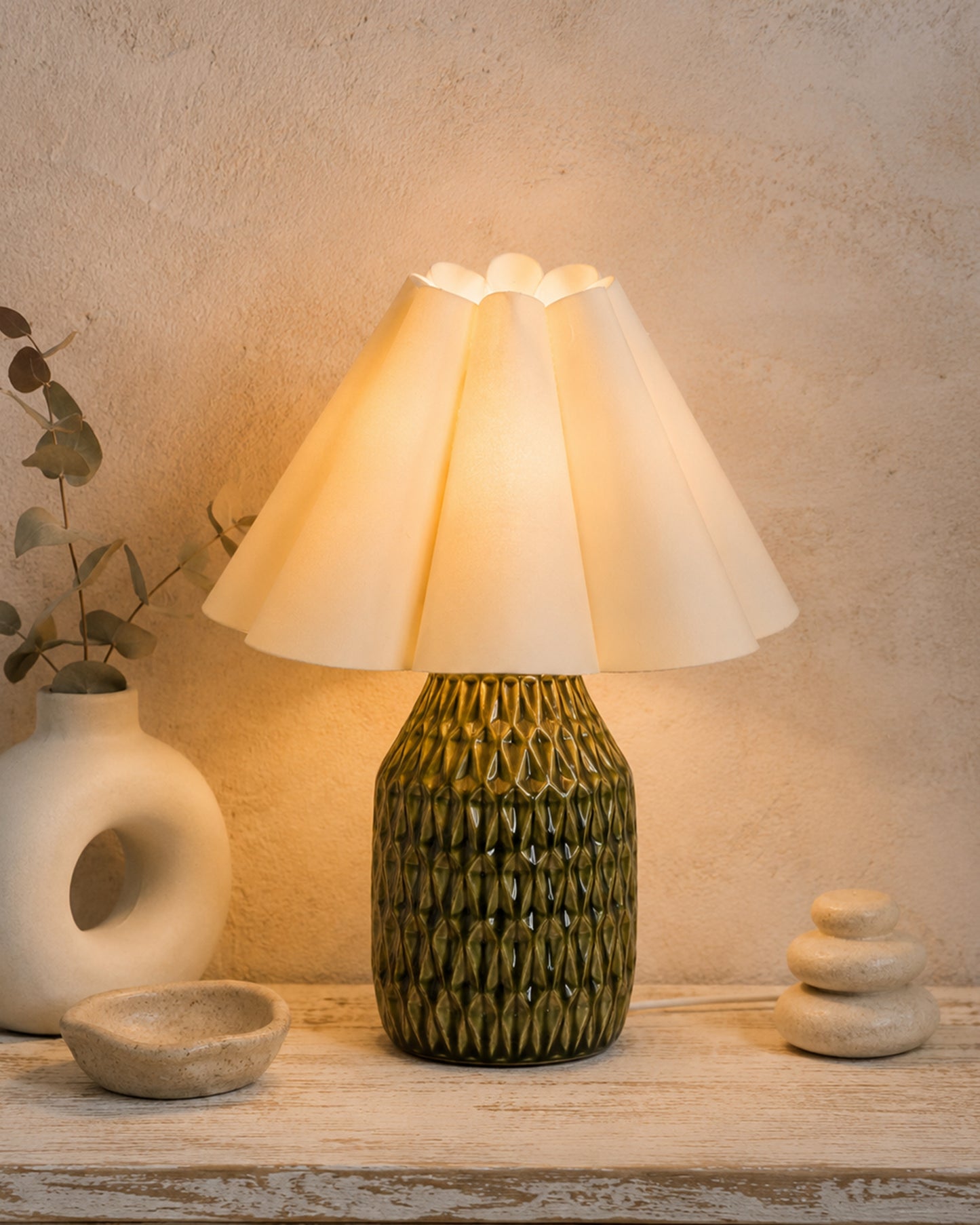 Homesake® Artisan Textured Ceramic Table Lamp with Fabric Shade, Green Glossy Glazed Bedside Lamp, E27 Decorative Table Light for Bedroom, Living Room, Study, Home & Office