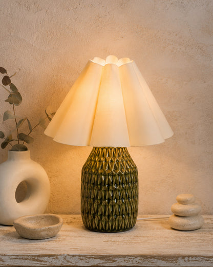 Homesake® Artisan Textured Ceramic Table Lamp with Fabric Shade, Green Glossy Glazed Bedside Lamp, E27 Decorative Table Light for Bedroom, Living Room, Study, Home & Office