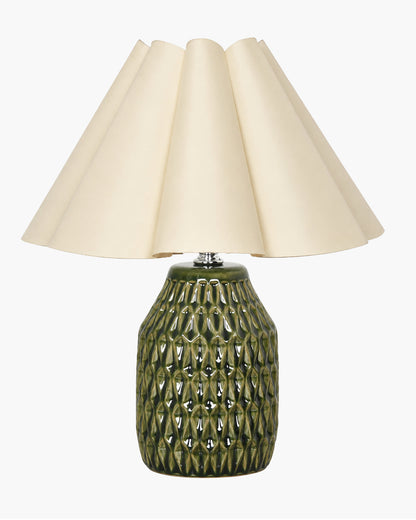 Homesake® Artisan Textured Ceramic Table Lamp with Fabric Shade, Green Glossy Glazed Bedside Lamp, E27 Decorative Table Light for Bedroom, Living Room, Study, Home & Office