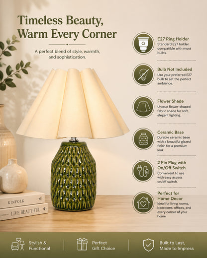 Homesake® Artisan Textured Ceramic Table Lamp with Fabric Shade, Green Glossy Glazed Bedside Lamp, E27 Decorative Table Light for Bedroom, Living Room, Study, Home & Office