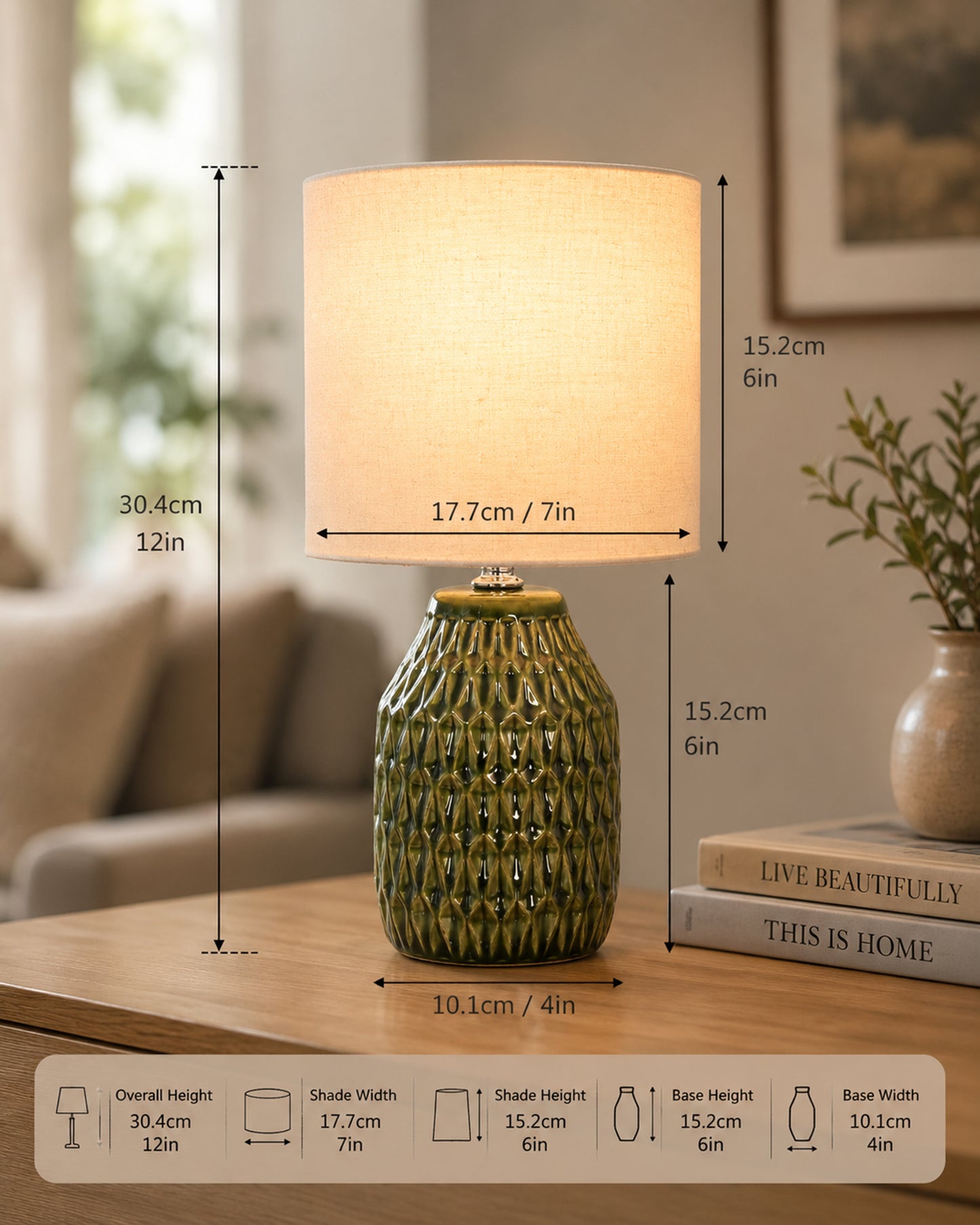 Homesake® Artisan Textured Ceramic Table Lamp with Fabric Shade, Green Glossy Glazed Bedside Lamp, E27 Decorative Table Light for Bedroom, Living Room, Study, Home & Office