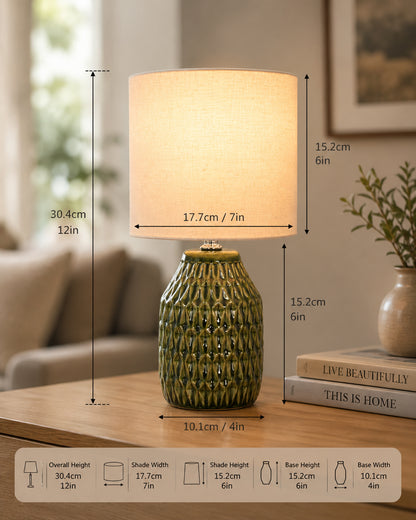 Homesake® Artisan Textured Ceramic Table Lamp with Fabric Shade, Green Glossy Glazed Bedside Lamp, E27 Decorative Table Light for Bedroom, Living Room, Study, Home & Office