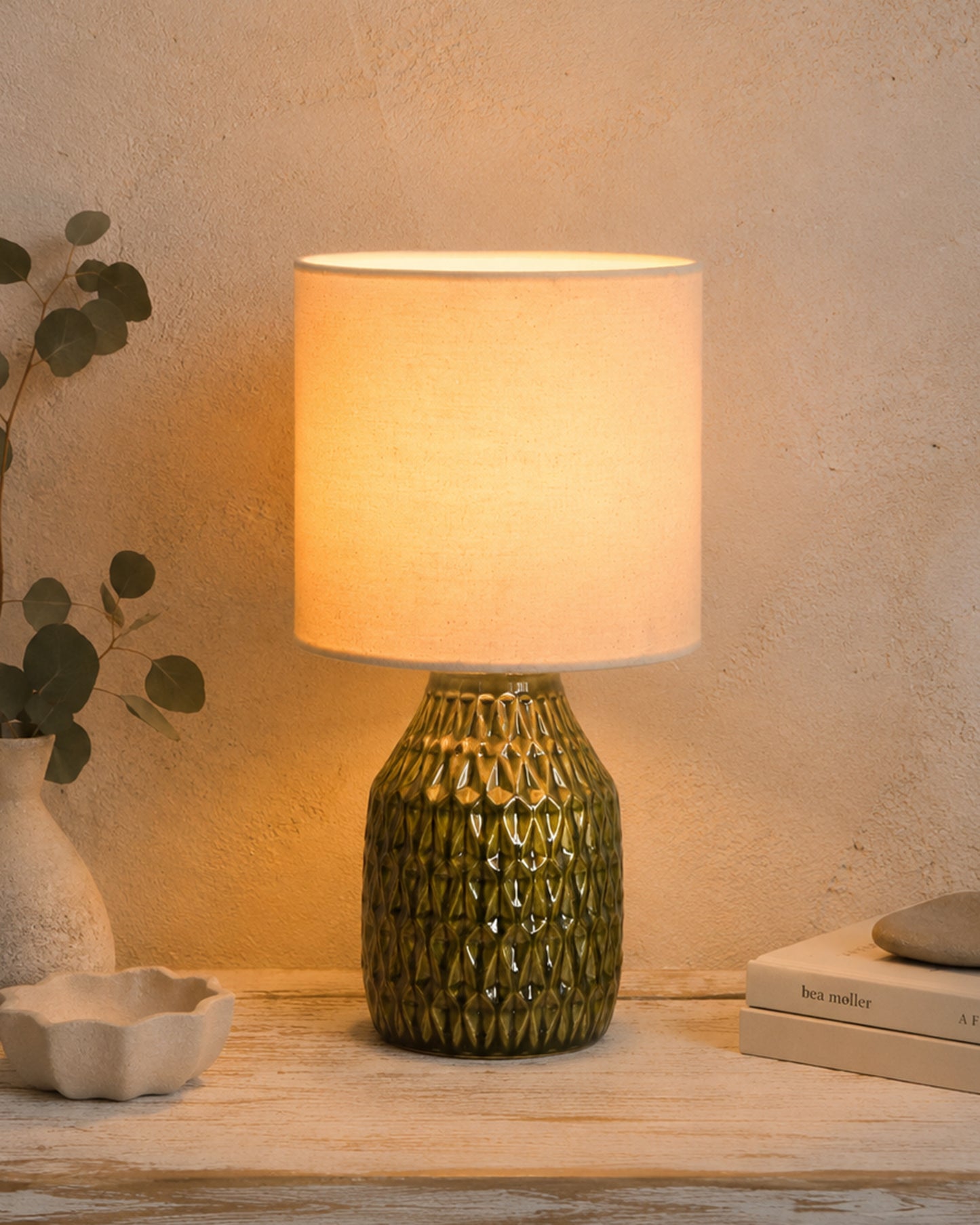 Homesake® Artisan Textured Ceramic Table Lamp with Fabric Shade, Green Glossy Glazed Bedside Lamp, E27 Decorative Table Light for Bedroom, Living Room, Study, Home & Office