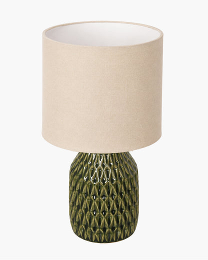 Homesake® Artisan Textured Ceramic Table Lamp with Fabric Shade, Green Glossy Glazed Bedside Lamp, E27 Decorative Table Light for Bedroom, Living Room, Study, Home & Office