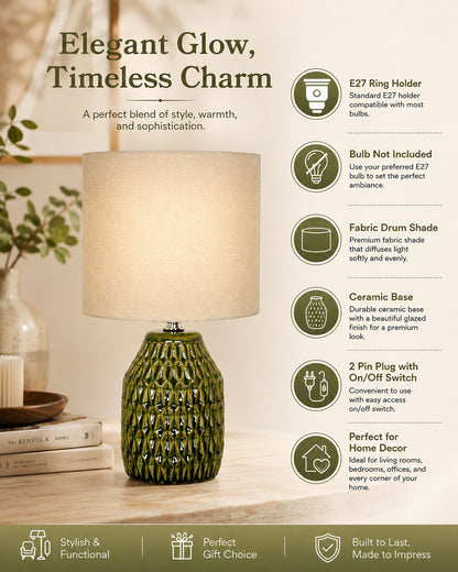 Homesake® Artisan Textured Ceramic Table Lamp with Fabric Shade, Green Glossy Glazed Bedside Lamp, E27 Decorative Table Light for Bedroom, Living Room, Study, Home & Office