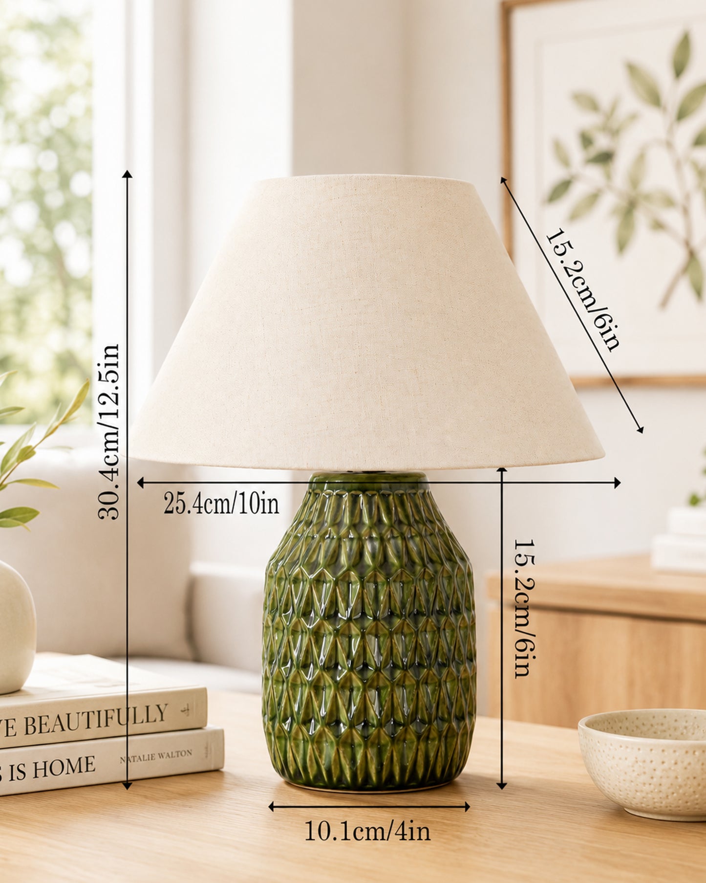 Homesake® Artisan Textured Ceramic Table Lamp with Fabric Shade, Green Glossy Glazed Bedside Lamp, E27 Decorative Table Light for Bedroom, Living Room, Study, Home & Office