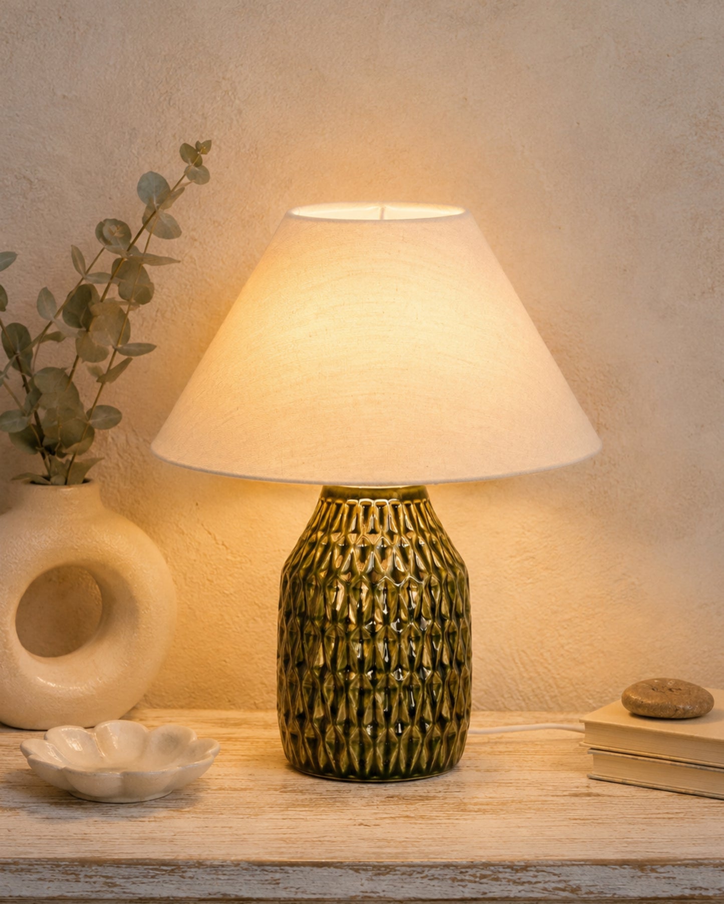 Homesake® Artisan Textured Ceramic Table Lamp with Fabric Shade, Green Glossy Glazed Bedside Lamp, E27 Decorative Table Light for Bedroom, Living Room, Study, Home & Office