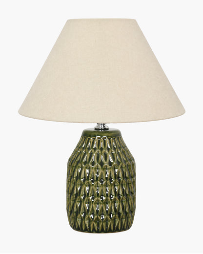 Homesake® Artisan Textured Ceramic Table Lamp with Fabric Shade, Green Glossy Glazed Bedside Lamp, E27 Decorative Table Light for Bedroom, Living Room, Study, Home & Office