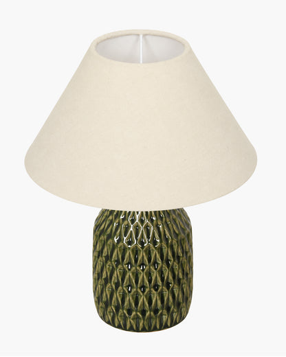 Homesake® Artisan Textured Ceramic Table Lamp with Fabric Shade, Green Glossy Glazed Bedside Lamp, E27 Decorative Table Light for Bedroom, Living Room, Study, Home & Office