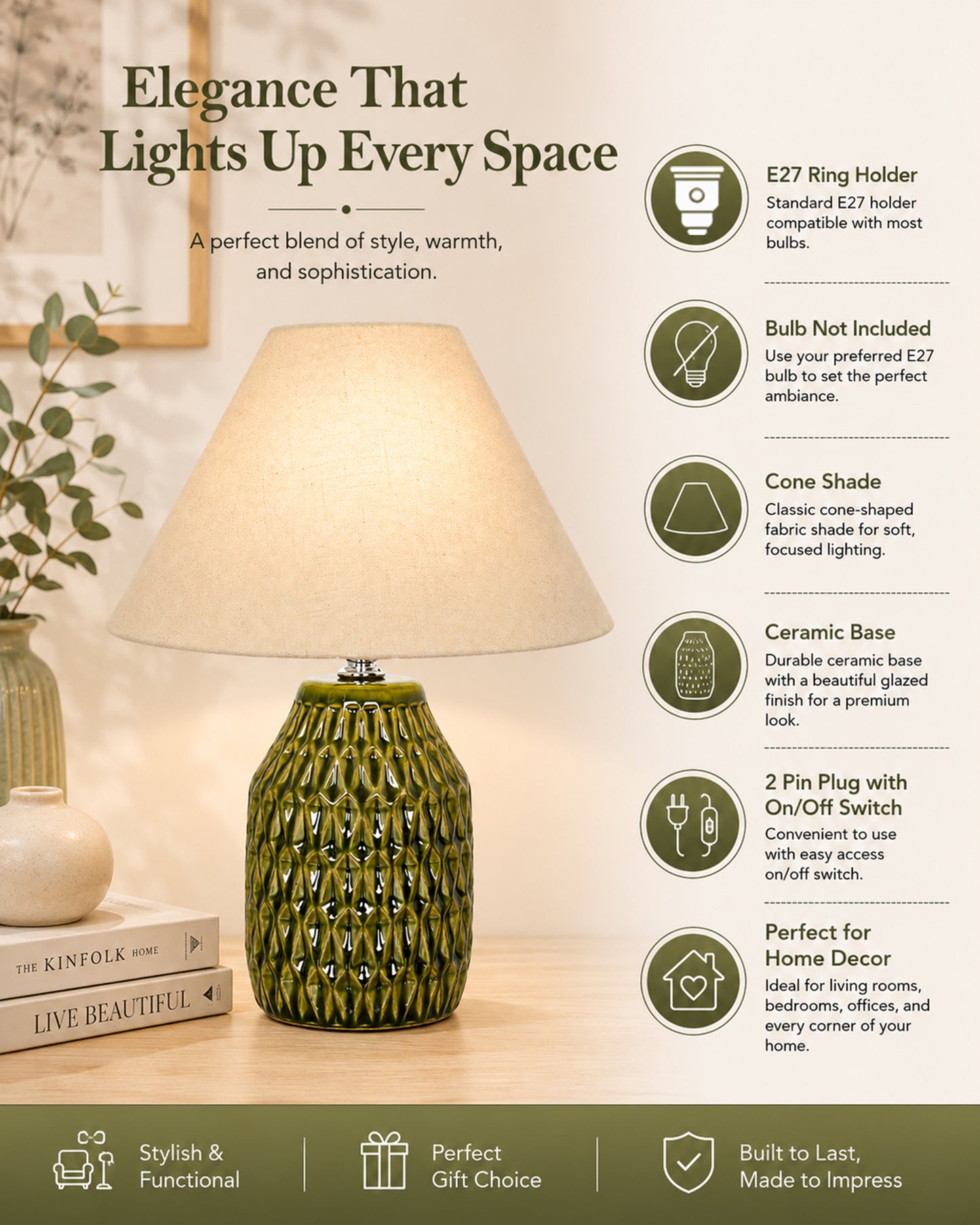 Homesake® Artisan Textured Ceramic Table Lamp with Fabric Shade, Green Glossy Glazed Bedside Lamp, E27 Decorative Table Light for Bedroom, Living Room, Study, Home & Office