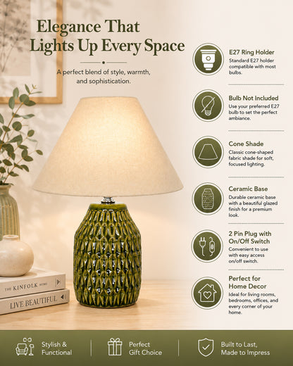 Homesake® Artisan Textured Ceramic Table Lamp with Fabric Shade, Green Glossy Glazed Bedside Lamp, E27 Decorative Table Light for Bedroom, Living Room, Study, Home & Office