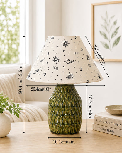 Homesake® Artisan Textured Ceramic Table Lamp with Fabric Shade, Green Glossy Glazed Bedside Lamp, E27 Decorative Table Light for Bedroom, Living Room, Study, Home & Office