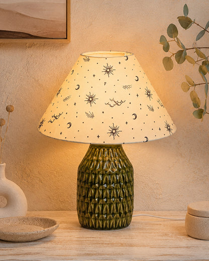 Homesake® Artisan Textured Ceramic Table Lamp with Fabric Shade, Green Glossy Glazed Bedside Lamp, E27 Decorative Table Light for Bedroom, Living Room, Study, Home & Office