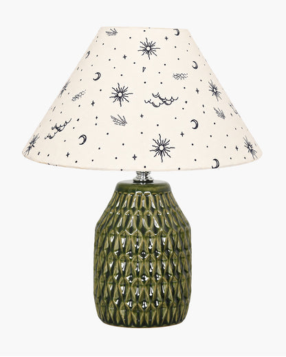Homesake® Artisan Textured Ceramic Table Lamp with Fabric Shade, Green Glossy Glazed Bedside Lamp, E27 Decorative Table Light for Bedroom, Living Room, Study, Home & Office