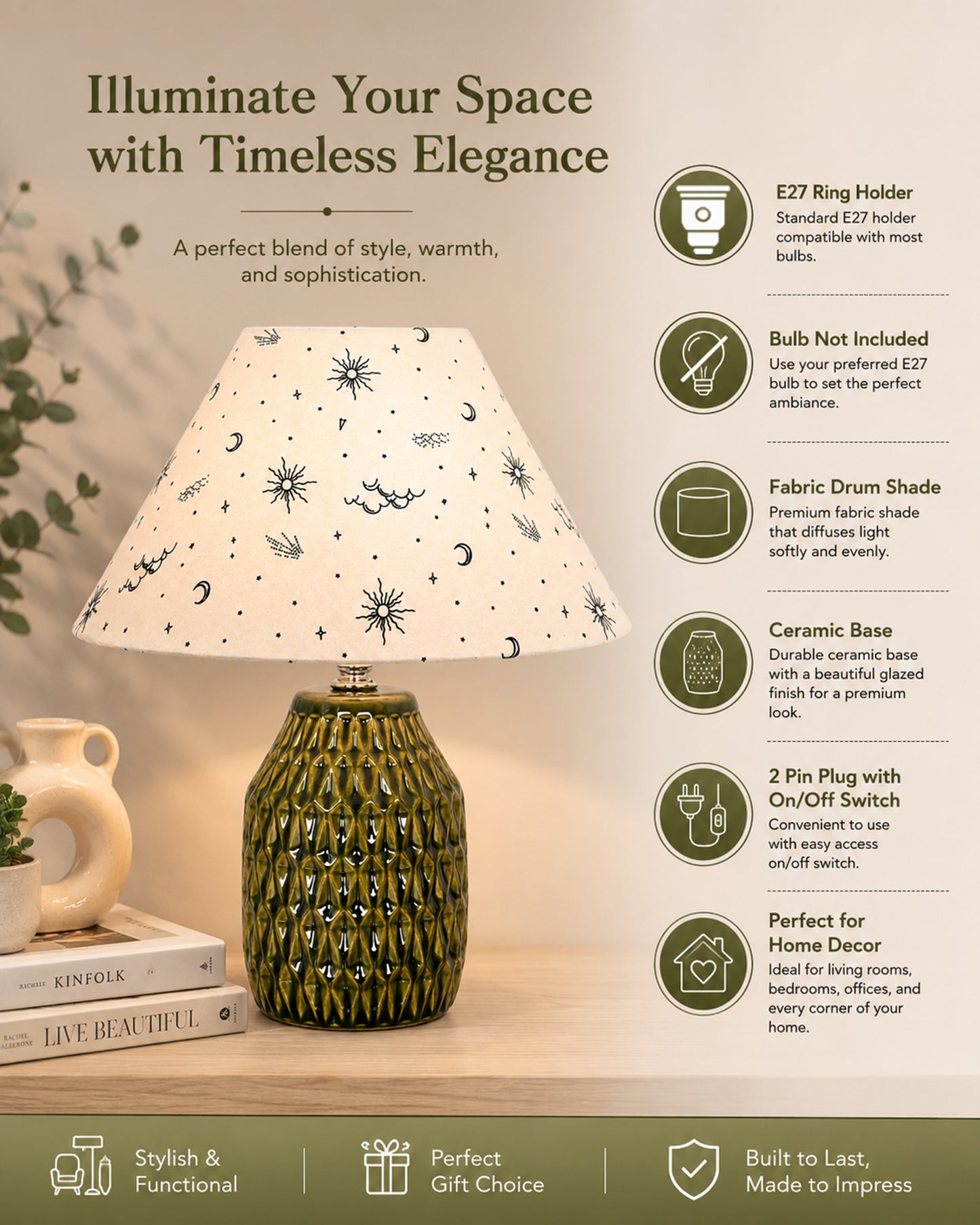 Homesake® Artisan Textured Ceramic Table Lamp with Fabric Shade, Green Glossy Glazed Bedside Lamp, E27 Decorative Table Light for Bedroom, Living Room, Study, Home & Office