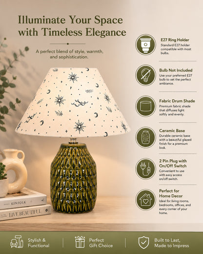 Homesake® Artisan Textured Ceramic Table Lamp with Fabric Shade, Green Glossy Glazed Bedside Lamp, E27 Decorative Table Light for Bedroom, Living Room, Study, Home & Office