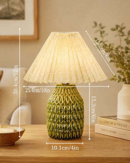 Homesake® Artisan Textured Ceramic Table Lamp with Fabric Shade, Green Glossy Glazed Bedside Lamp, E27 Decorative Table Light for Bedroom, Living Room, Study, Home & Office