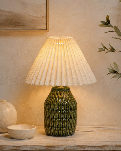 Homesake® Artisan Textured Ceramic Table Lamp with Fabric Shade, Green Glossy Glazed Bedside Lamp, E27 Decorative Table Light for Bedroom, Living Room, Study, Home & Office