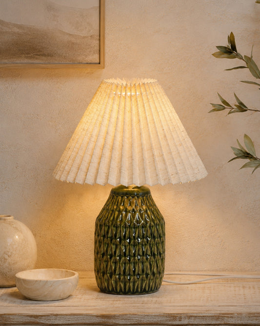 Homesake® Artisan Textured Ceramic Table Lamp with Fabric Shade, Green Glossy Glazed Bedside Lamp, E27 Decorative Table Light for Bedroom, Living Room, Study, Home & Office