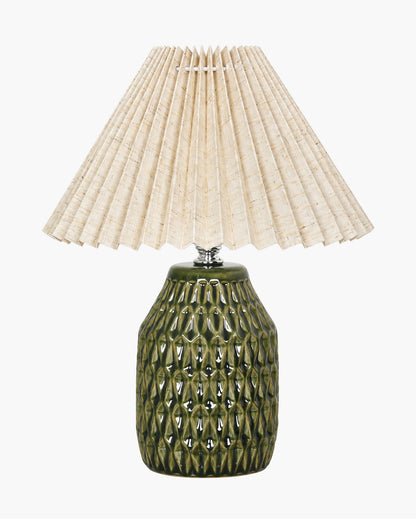 Homesake® Artisan Textured Ceramic Table Lamp with Fabric Shade, Green Glossy Glazed Bedside Lamp, E27 Decorative Table Light for Bedroom, Living Room, Study, Home & Office