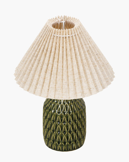Homesake® Artisan Textured Ceramic Table Lamp with Fabric Shade, Green Glossy Glazed Bedside Lamp, E27 Decorative Table Light for Bedroom, Living Room, Study, Home & Office