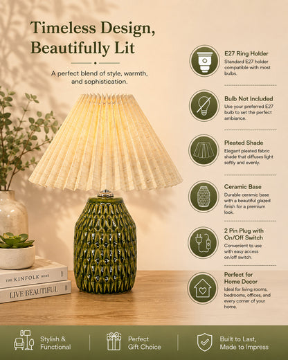 Homesake® Artisan Textured Ceramic Table Lamp with Fabric Shade, Green Glossy Glazed Bedside Lamp, E27 Decorative Table Light for Bedroom, Living Room, Study, Home & Office