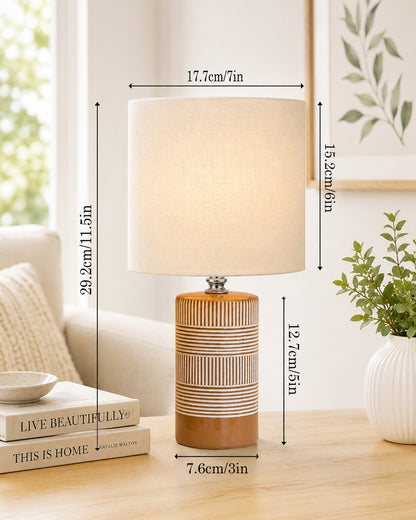Homesake® Artisan Brown Ribbed Ceramic Table Lamp with Fabric Shade | Decorative Bedside Nightstand Lamp for Bedroom, Living Room, Study & Home Office | Modern E27 Table Light