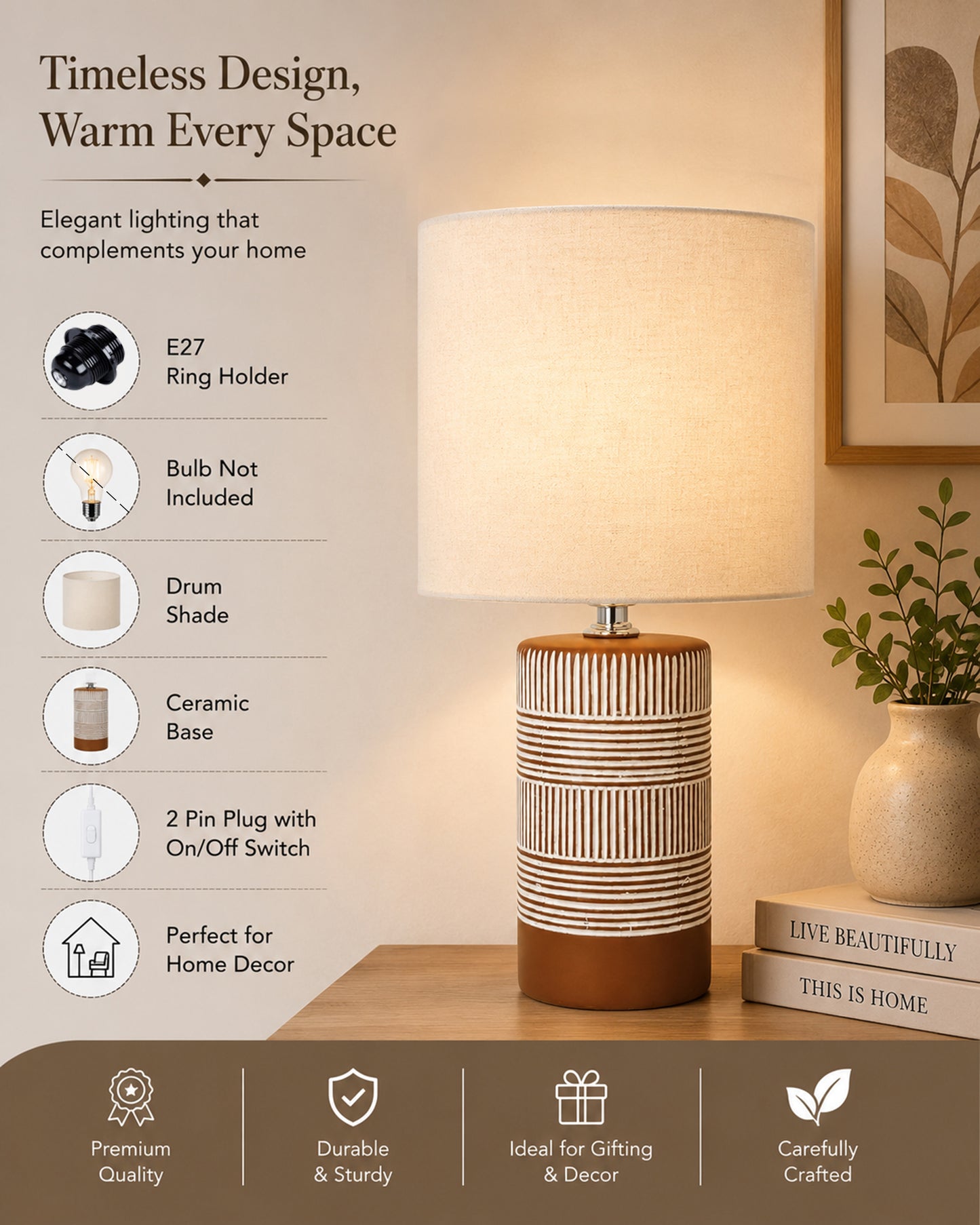 Homesake® Artisan Grey Ribbed Ceramic Table Lamp with Fabric Shade | Decorative Bedside Nightstand Lamp for Bedroom, Living Room, Study & Home Office | Modern E27 Table Light