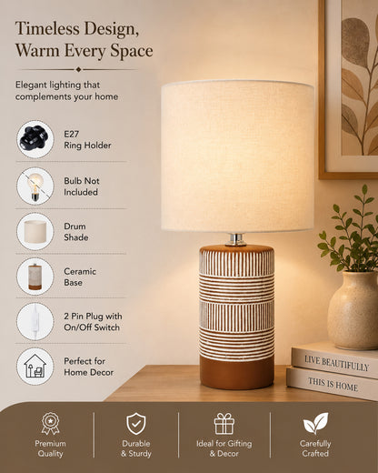 Homesake® Artisan Grey Ribbed Ceramic Table Lamp with Fabric Shade | Decorative Bedside Nightstand Lamp for Bedroom, Living Room, Study & Home Office | Modern E27 Table Light