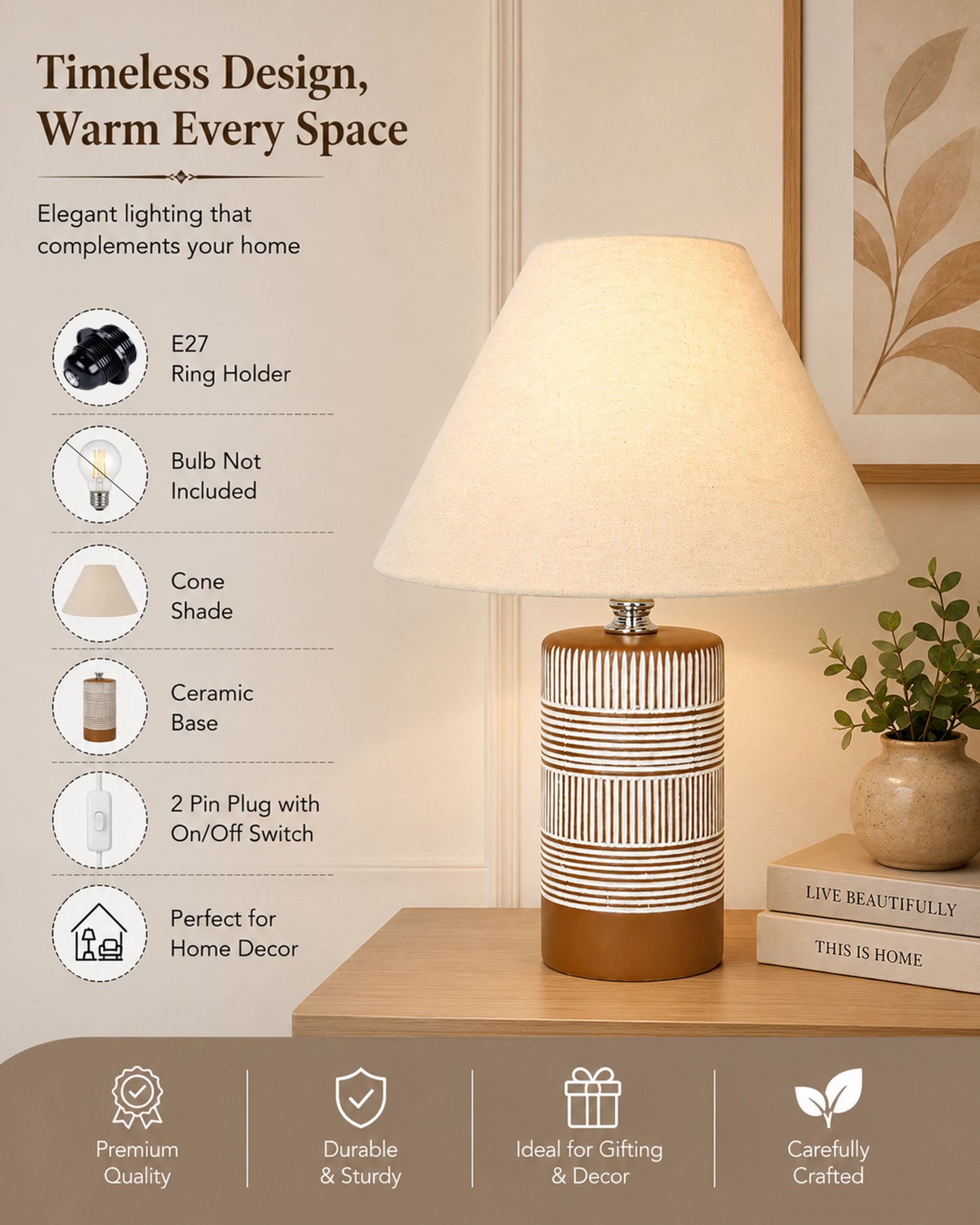 Homesake® Artisan Grey Ribbed Ceramic Table Lamp with Fabric Shade | Decorative Bedside Nightstand Lamp for Bedroom, Living Room, Study & Home Office | Modern E27 Table Light
