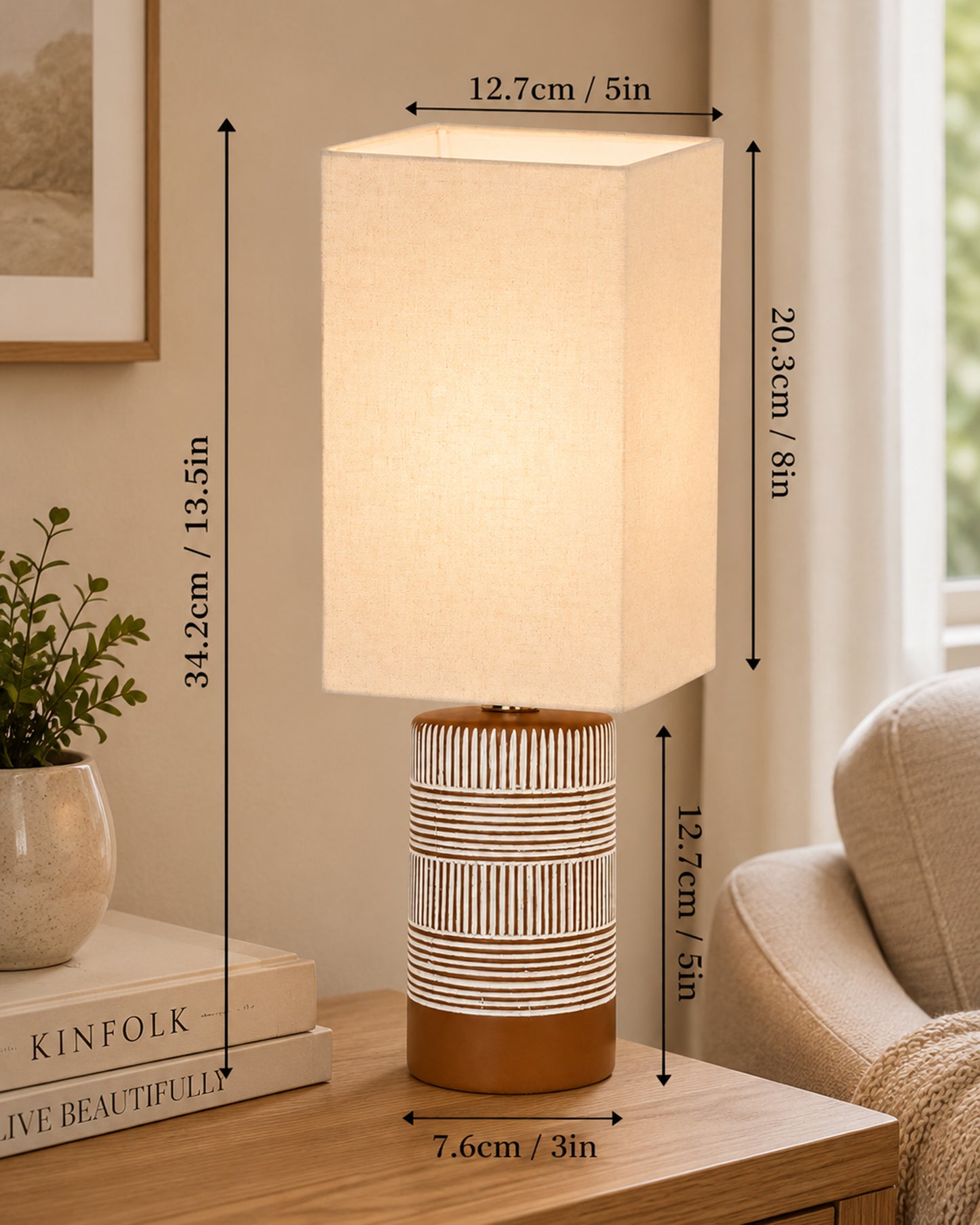 Homesake® Artisan Grey Ribbed Ceramic Table Lamp with Fabric Shade | Decorative Bedside Nightstand Lamp for Bedroom, Living Room, Study & Home Office | Modern E27 Table Light