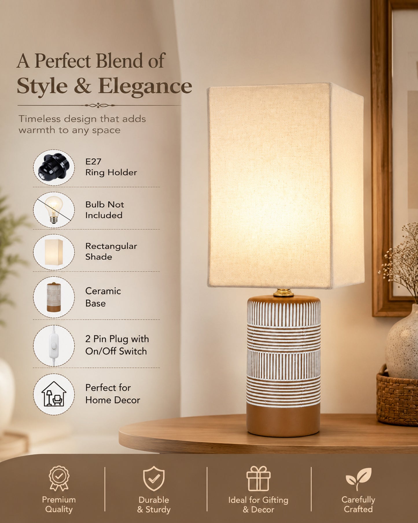 Homesake® Artisan Grey Ribbed Ceramic Table Lamp with Fabric Shade | Decorative Bedside Nightstand Lamp for Bedroom, Living Room, Study & Home Office | Modern E27 Table Light