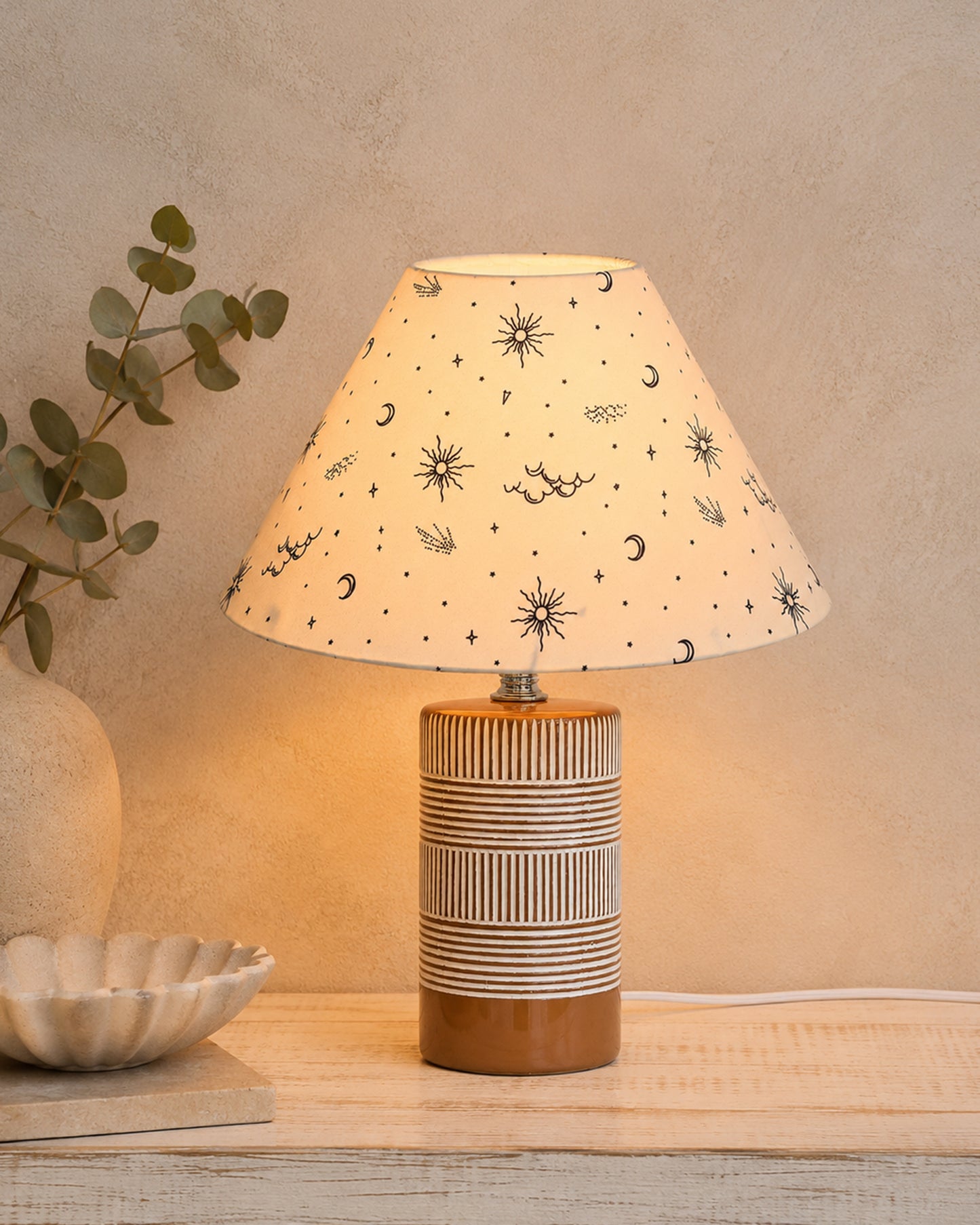 Homesake® Artisan Grey Ribbed Ceramic Table Lamp with Fabric Shade | Decorative Bedside Nightstand Lamp for Bedroom, Living Room, Study & Home Office | Modern E27 Table Light