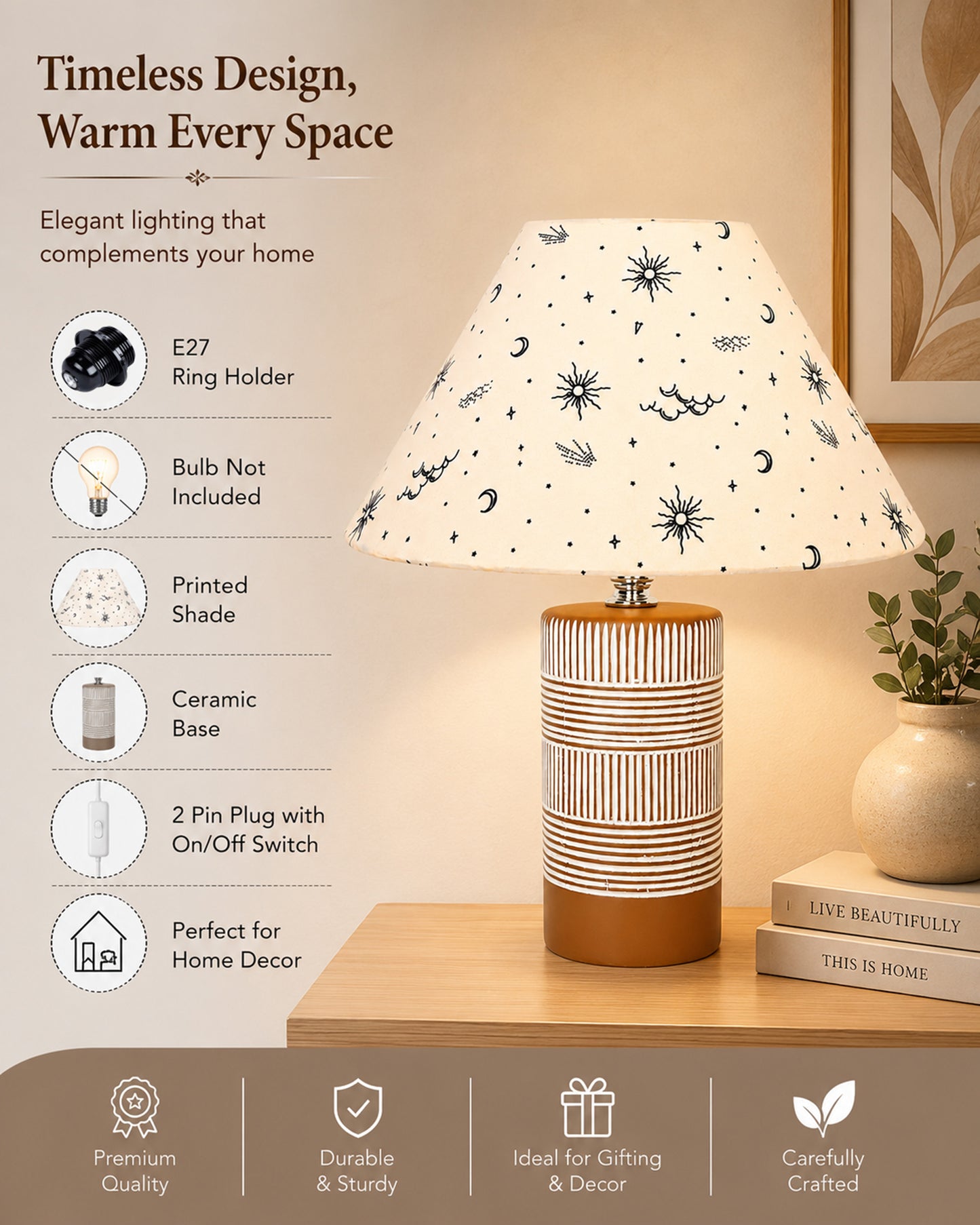 Homesake® Artisan Grey Ribbed Ceramic Table Lamp with Fabric Shade | Decorative Bedside Nightstand Lamp for Bedroom, Living Room, Study & Home Office | Modern E27 Table Light