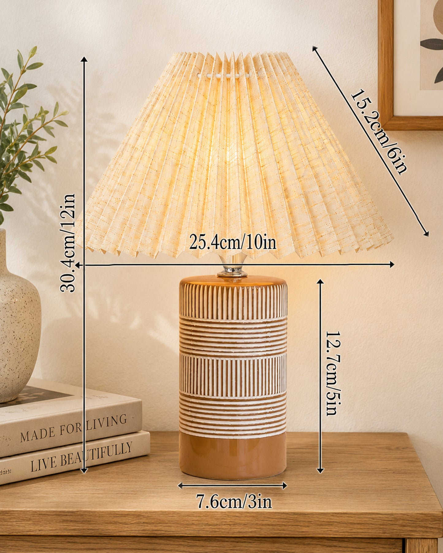 Homesake® Artisan Brown Ribbed Ceramic Table Lamp with Fabric Shade | Decorative Bedside Nightstand Lamp for Bedroom, Living Room, Study & Home Office | Modern E27 Table Light