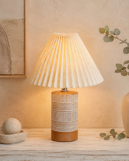 Homesake® Artisan Brown Ribbed Ceramic Table Lamp with Fabric Shade | Decorative Bedside Nightstand Lamp for Bedroom, Living Room, Study & Home Office | Modern E27 Table Light