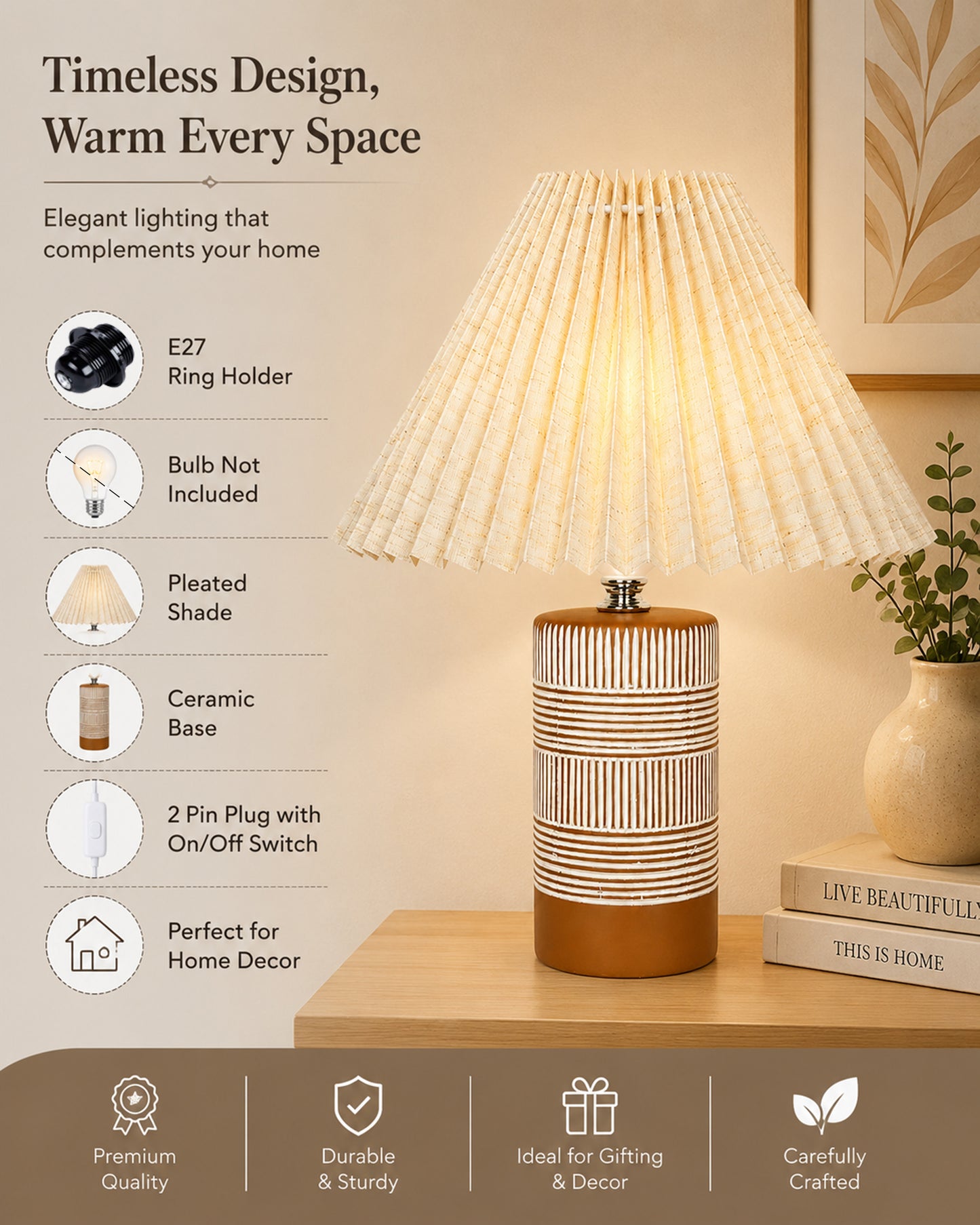 Homesake® Artisan Grey Ribbed Ceramic Table Lamp with Fabric Shade | Decorative Bedside Nightstand Lamp for Bedroom, Living Room, Study & Home Office | Modern E27 Table Light