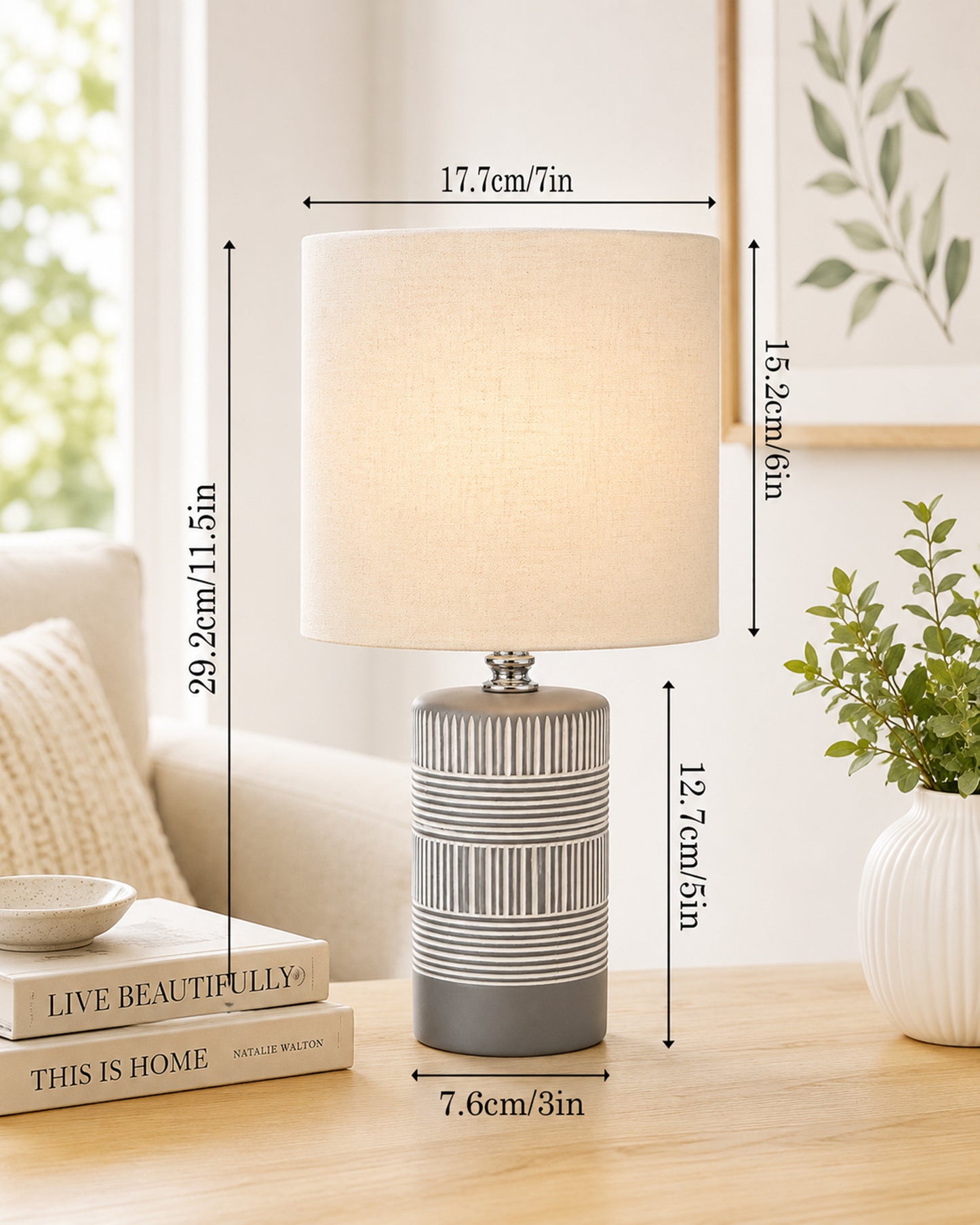 Homesake® Artisan Grey Ribbed Ceramic Table Lamp with Fabric Shade | Decorative Bedside Nightstand Lamp for Bedroom, Living Room, Study & Home Office | Modern E27 Table Light