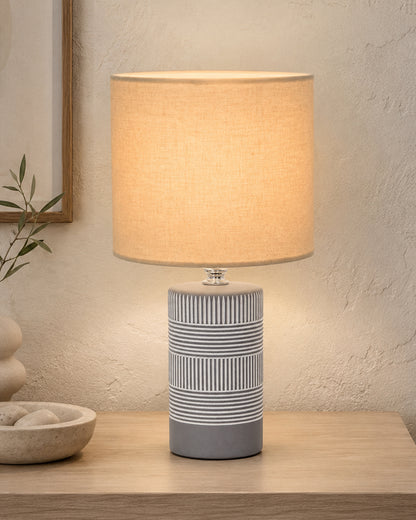 Homesake® Artisan Grey Ribbed Ceramic Table Lamp with Fabric Shade | Decorative Bedside Nightstand Lamp for Bedroom, Living Room, Study & Home Office | Modern E27 Table Light