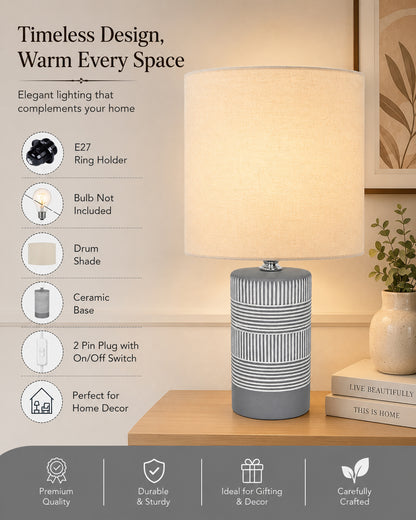 Homesake® Artisan Grey Ribbed Ceramic Table Lamp with Fabric Shade | Decorative Bedside Nightstand Lamp for Bedroom, Living Room, Study & Home Office | Modern E27 Table Light