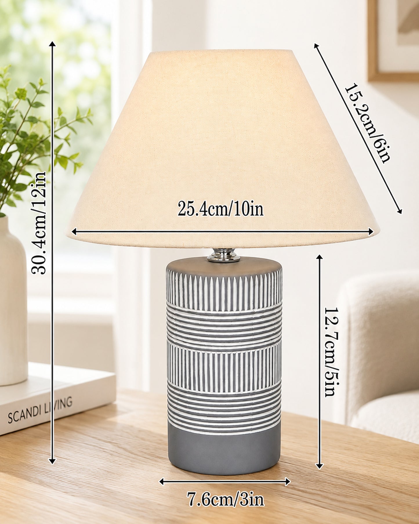 Homesake® Artisan Grey Ribbed Ceramic Table Lamp with Fabric Shade | Decorative Bedside Nightstand Lamp for Bedroom, Living Room, Study & Home Office | Modern E27 Table Light