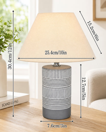 Homesake® Artisan Grey Ribbed Ceramic Table Lamp with Fabric Shade | Decorative Bedside Nightstand Lamp for Bedroom, Living Room, Study & Home Office | Modern E27 Table Light