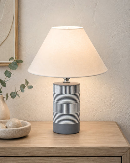 Homesake® Artisan Grey Ribbed Ceramic Table Lamp with Fabric Shade | Decorative Bedside Nightstand Lamp for Bedroom, Living Room, Study & Home Office | Modern E27 Table Light
