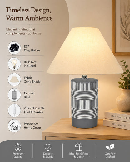 Homesake® Artisan Grey Ribbed Ceramic Table Lamp with Fabric Shade | Decorative Bedside Nightstand Lamp for Bedroom, Living Room, Study & Home Office | Modern E27 Table Light