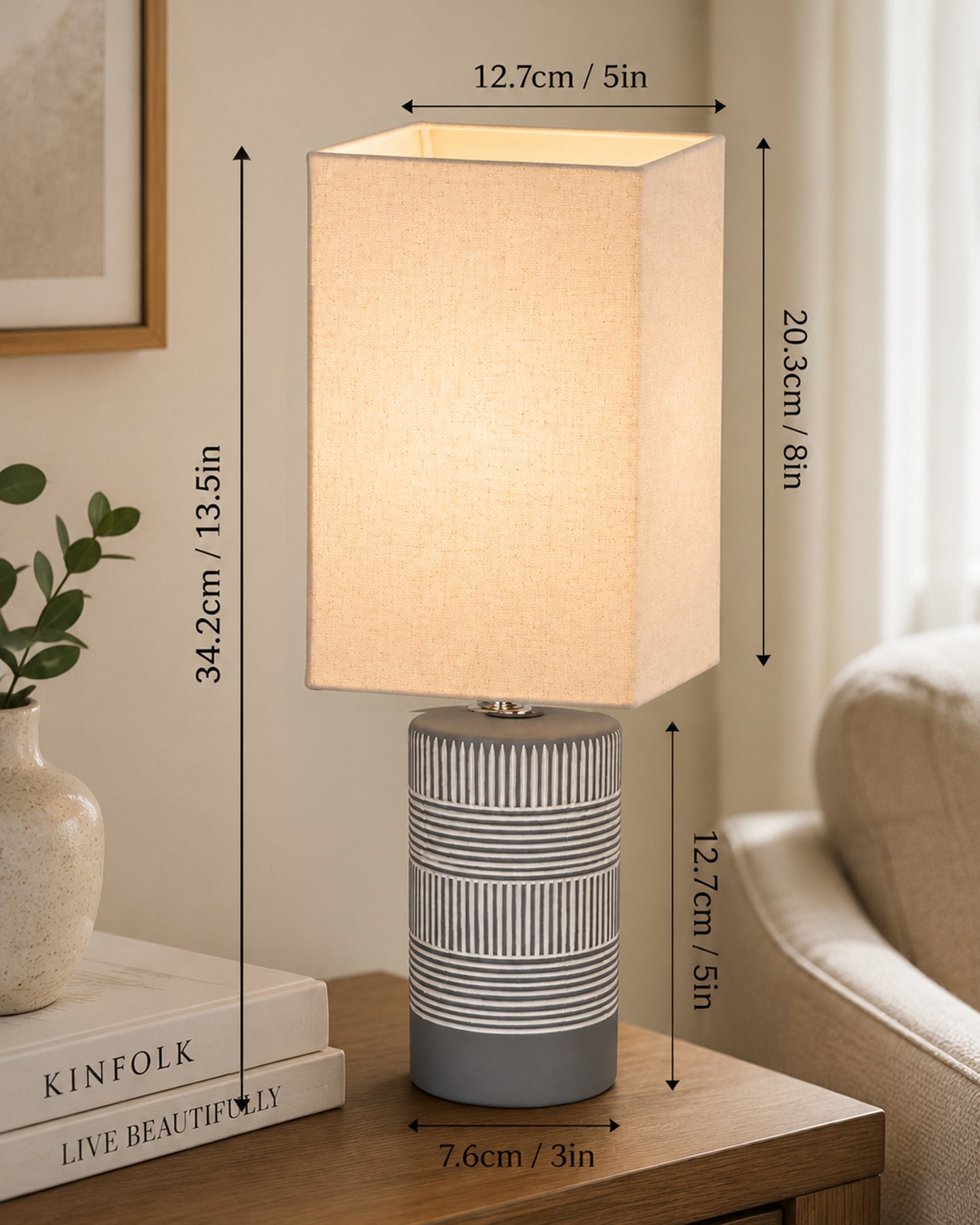 Homesake® Artisan Grey Ribbed Ceramic Table Lamp with Fabric Shade | Decorative Bedside Nightstand Lamp for Bedroom, Living Room, Study & Home Office | Modern E27 Table Light