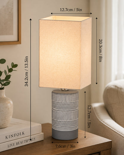 Homesake® Artisan Grey Ribbed Ceramic Table Lamp with Fabric Shade | Decorative Bedside Nightstand Lamp for Bedroom, Living Room, Study & Home Office | Modern E27 Table Light