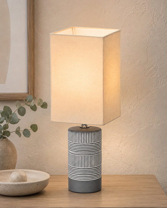 Homesake® Artisan Grey Ribbed Ceramic Table Lamp with Fabric Shade | Decorative Bedside Nightstand Lamp for Bedroom, Living Room, Study & Home Office | Modern E27 Table Light