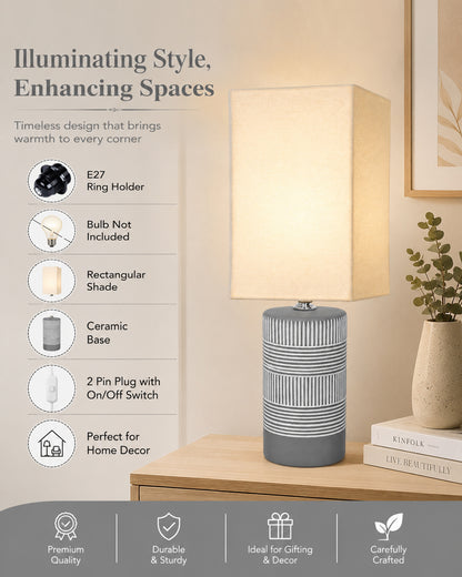 Homesake® Artisan Grey Ribbed Ceramic Table Lamp with Fabric Shade | Decorative Bedside Nightstand Lamp for Bedroom, Living Room, Study & Home Office | Modern E27 Table Light